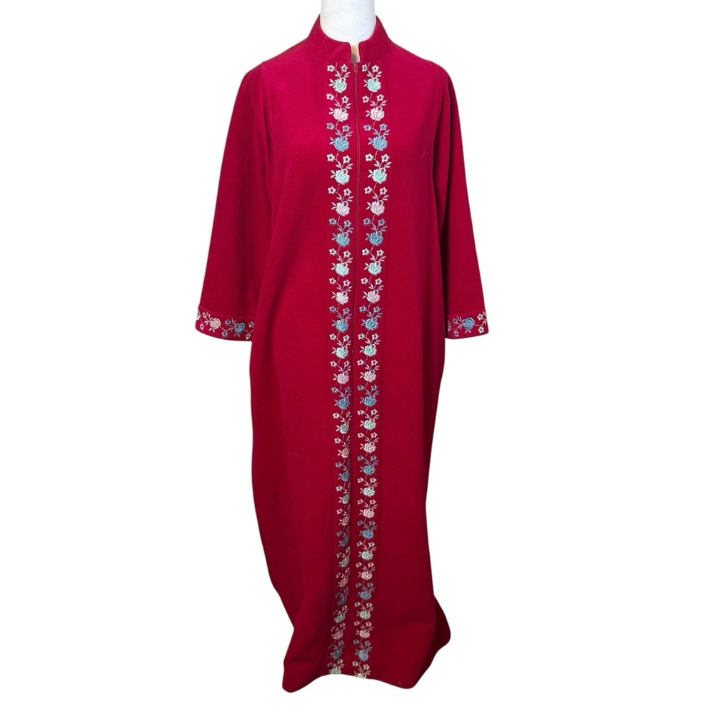 Vintage Evelyn Pearson Red House Coat Floral Embroidered Robe Size Large 80s 70s